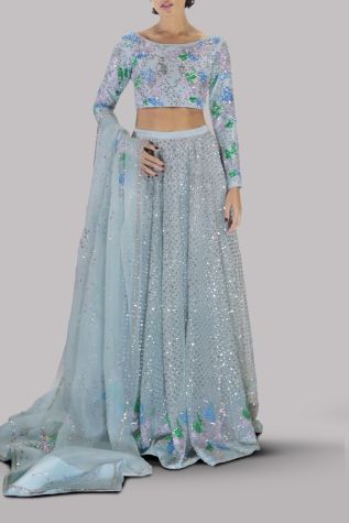 Aquamarine Embellished Blouse Skirt Dupatta Set