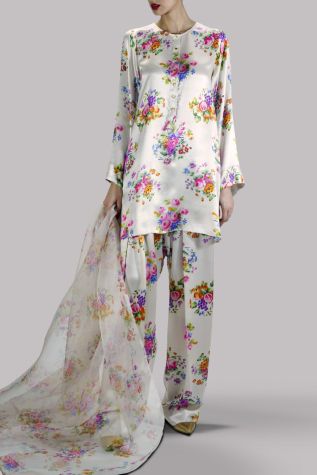 White Swan Digital Floral Printed Satin Silk Set