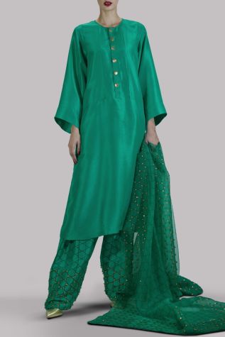 Arcadia Green Embellished & Block Printed Raw Silk Set