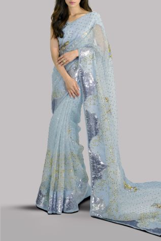 Aquamarine Embellished Organza Sari
