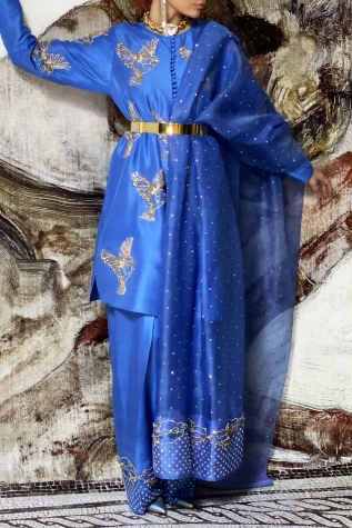 Mediterranean Blue Embellished Raw Silk Set