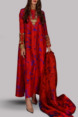 Lollipop Red Tie Dye Embellished Raw Silk Maxi