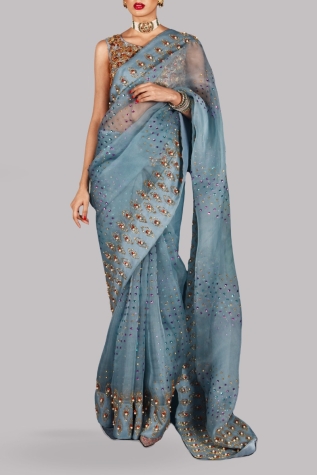 Aqua Embellished Organza Sari