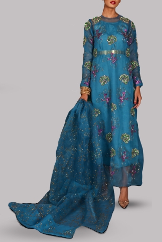 Algiers Blue Embellished Organza Maxi