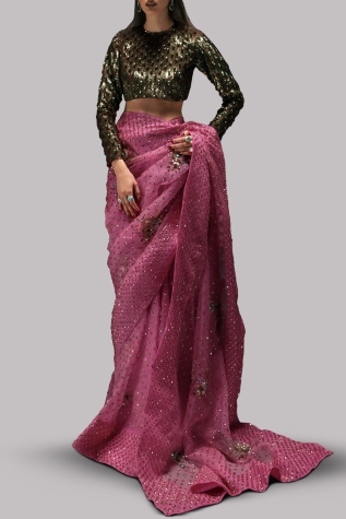 Pink Carnation Embellished Organza Sari