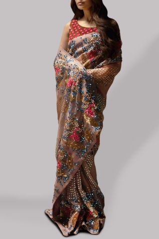 Rugby Tan Embellished Organza Sari