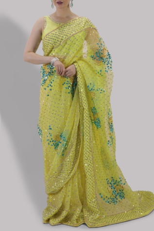 Verbena Yellow Embellished Organza Sari