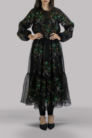 Black Embellished Organza Dress with Churidaar