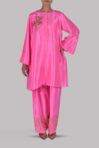 Pink Carnation Embellished Raw Silk Set