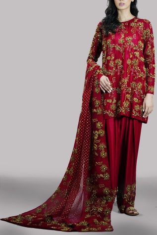 Tango Red Embellished Raw Silk Set