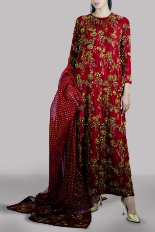 Tango Red Embellished Raw Silk Maxi Set