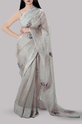 Rose Smoke Embellished Organza Sari