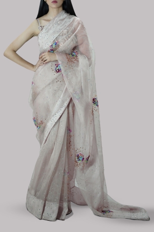 Rose Smoke Embellished Organza Sari