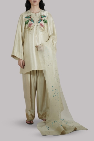 Lamb's Wool Embellished Raw Silk Set