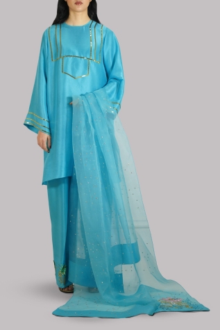 Blue Atoll Embellished Raw Silk Set