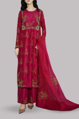 Crimson Raw Silk Embellished Set