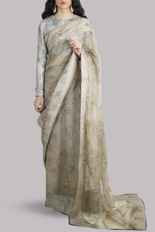 Simply Taupe Block-Printed Embellished Sari 