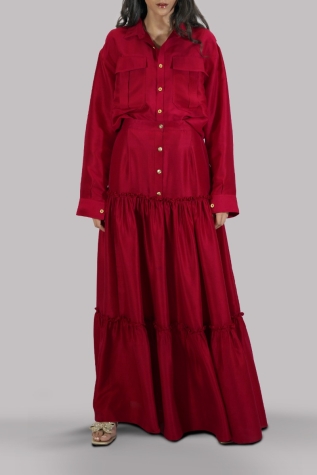 Tango Red Embellished Blouse Skirt Set
