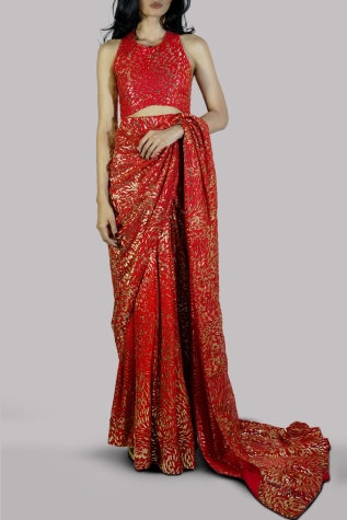 Red Silk Devore Lurex Metallic Sari