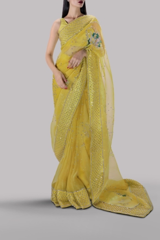 Aurora Yellow Embellished Organza Sari