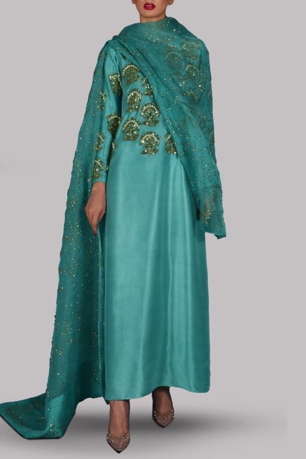 Waterfall Green Embellished Raw Silk Maxi