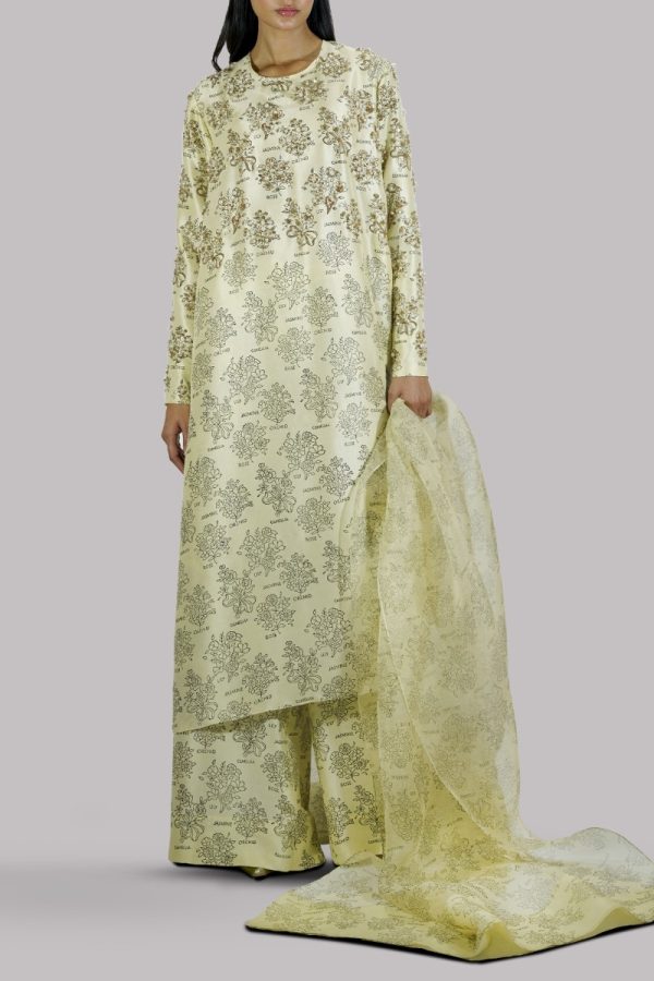 Verbena Yellow Block Printed & Embellished Raw Silk Set