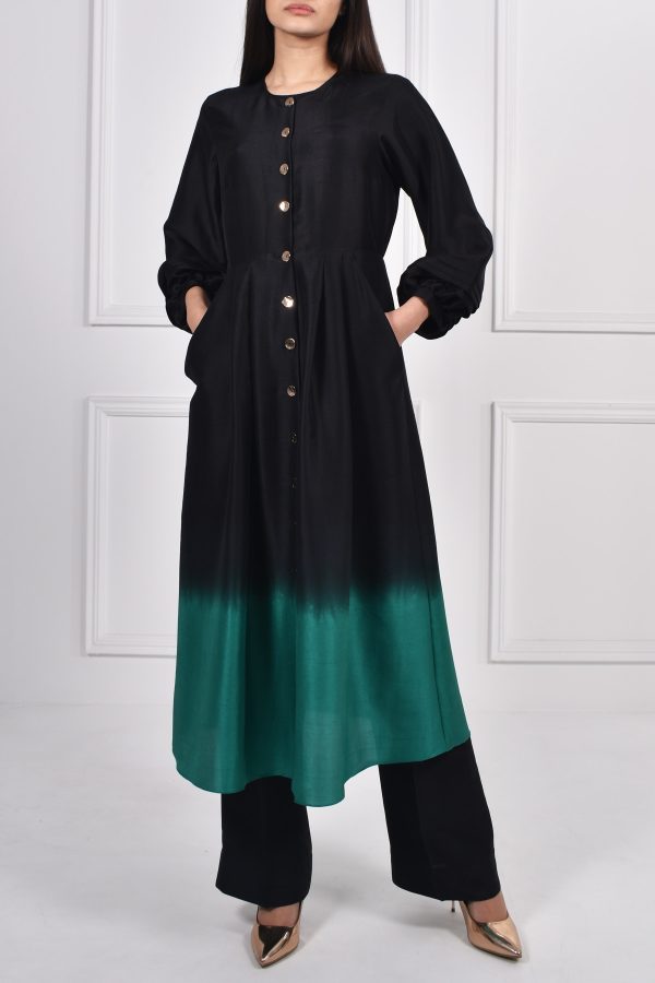 Black Ultramarine Green Ombre Raw Silk Tunic Set