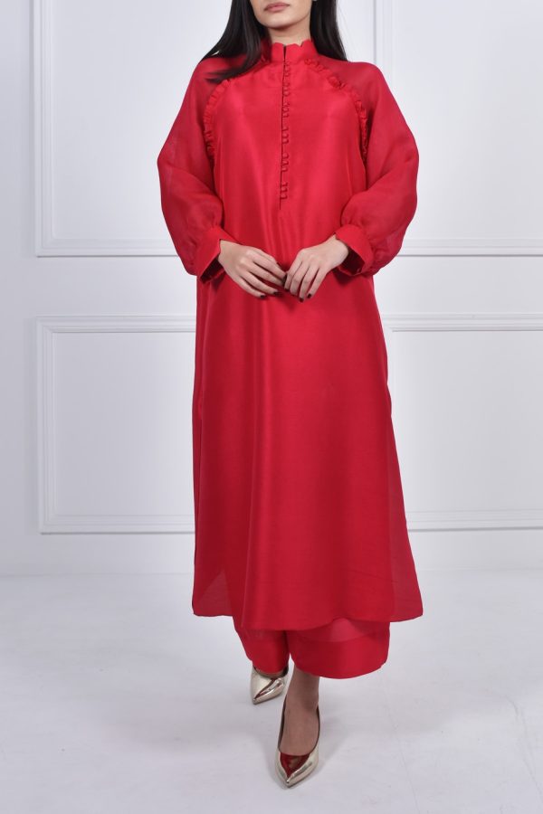 Oversized Tango Red Raw Silk Tunic - Image 4