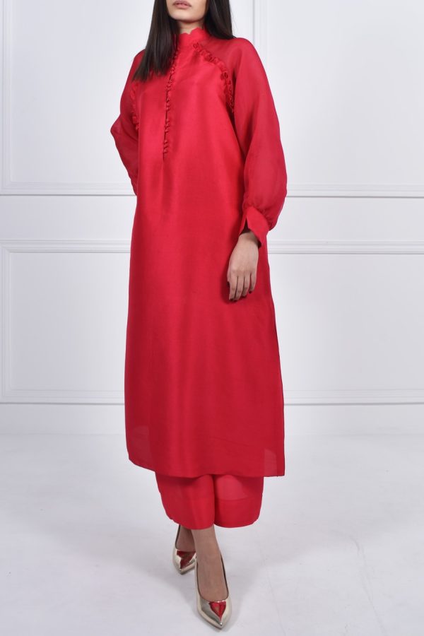 Oversized Tango Red Raw Silk Tunic - Image 2