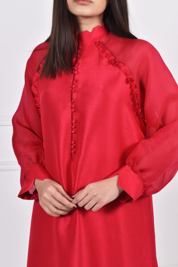 Oversized Tango Red Raw Silk Tunic - Image 3