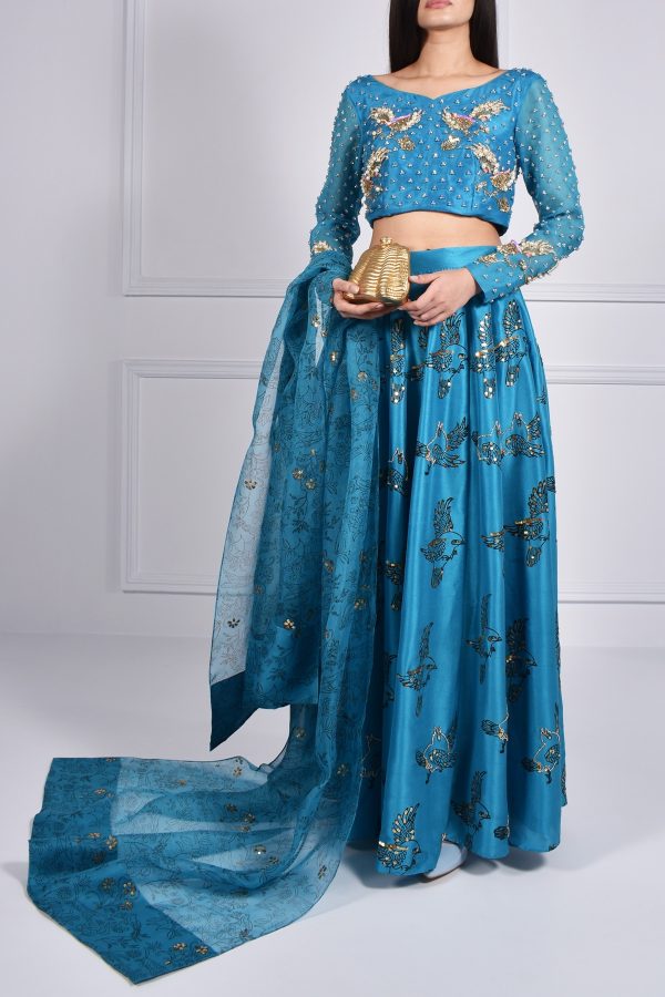 Algiers Blue Embellished Blouse Skirt Dupatta Set