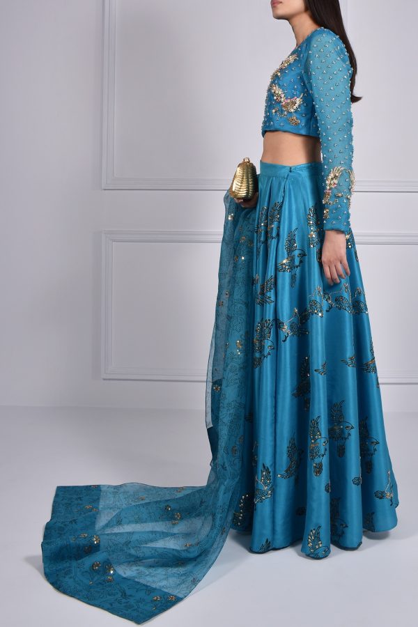 Algiers Blue Embellished Blouse Skirt Dupatta Set - Image 10