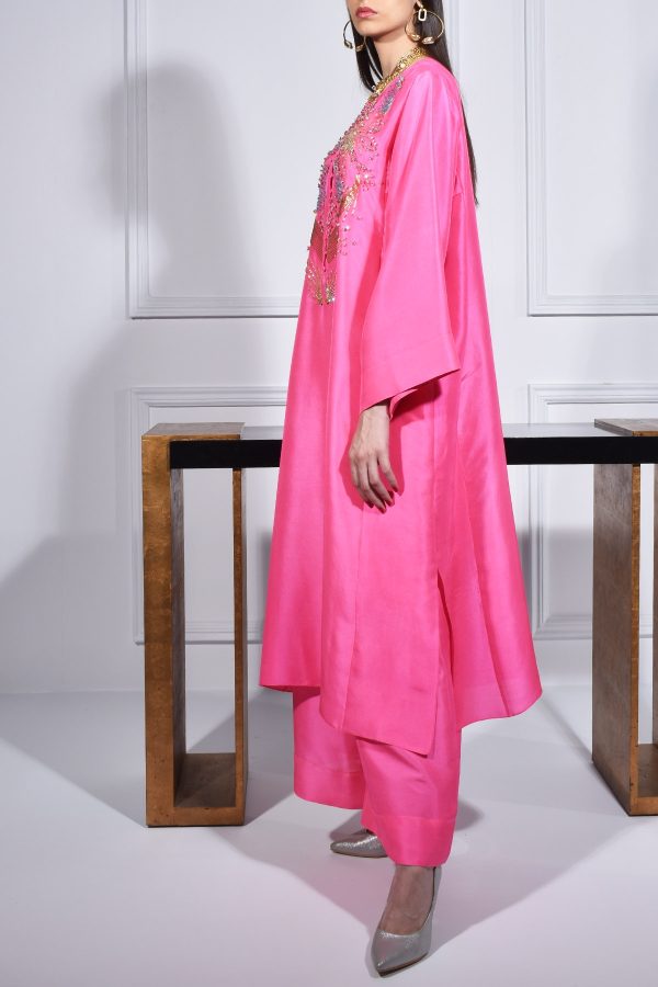 Diva Pink Oversized Embellished Raw Silk Tunic Set - Image 2