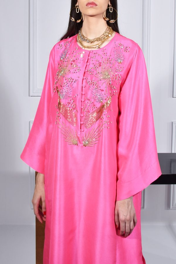 Diva Pink Oversized Embellished Raw Silk Tunic Set - Image 3