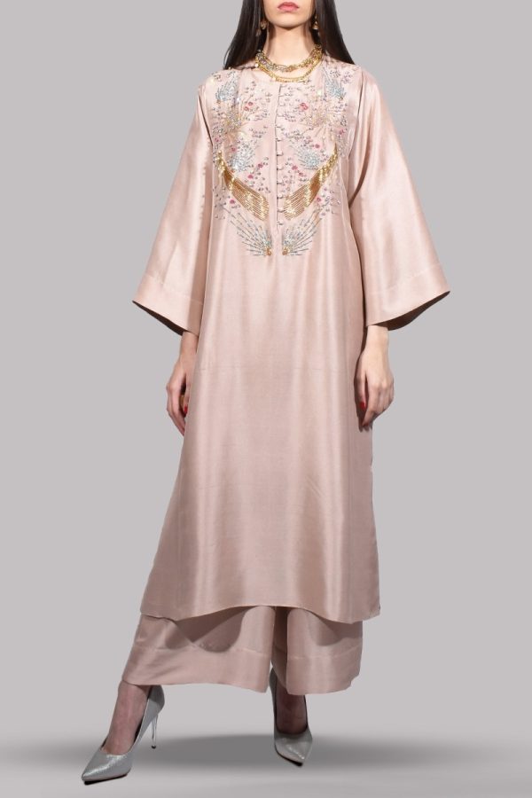 Cameo Rose Oversized Embellished Raw Silk Tunic Set