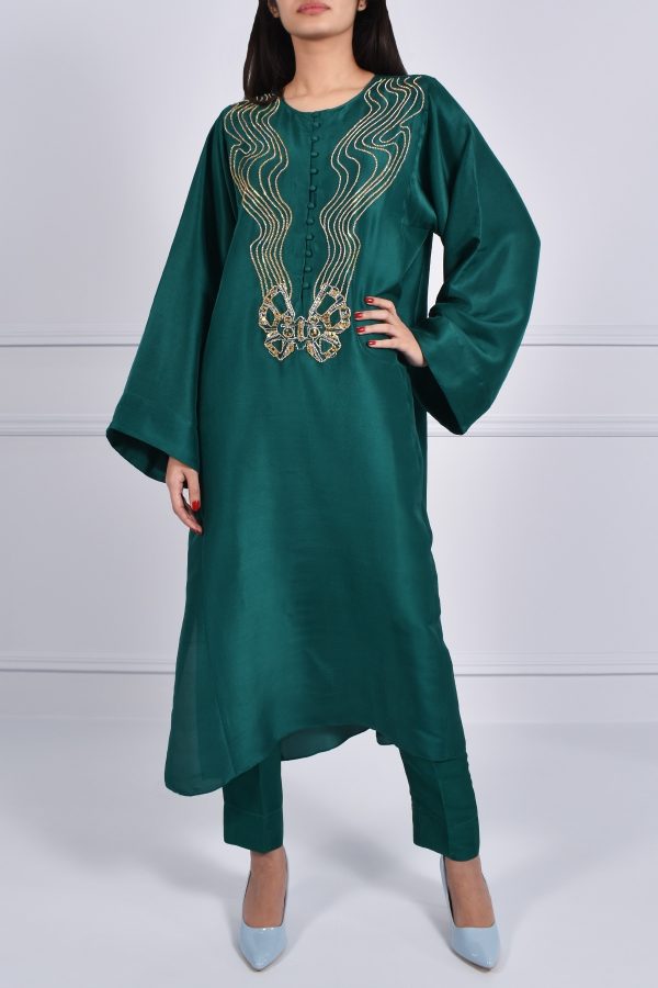 Bayberry Green Oversized Embellished Raw Silk Dress Set