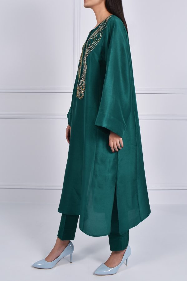 Bayberry Green Oversized Embellished Raw Silk Dress Set - Image 2