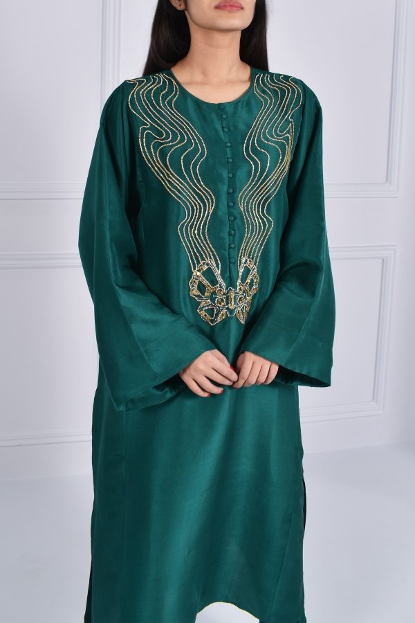 Bayberry Green Oversized Embellished Raw Silk Dress Set - Image 3