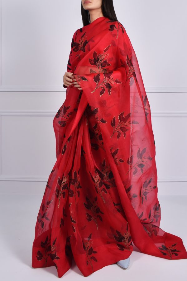 Tango Red Block Printed Organza Sari - Image 4