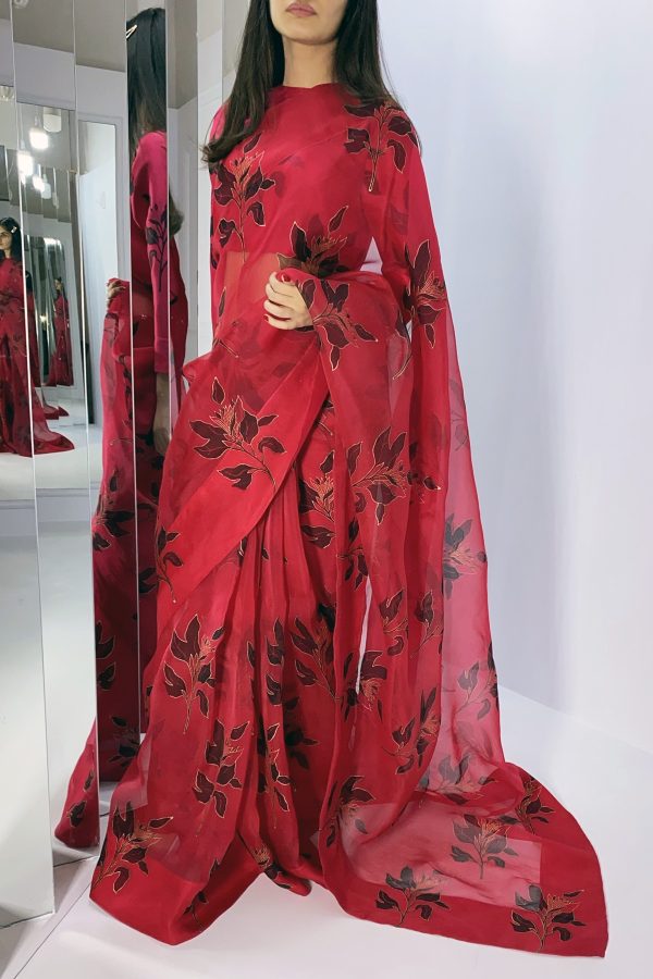 Tango Red Block Printed Organza Sari