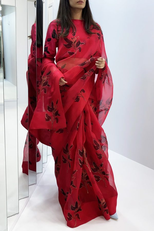 Tango Red Block Printed Organza Sari - Image 2