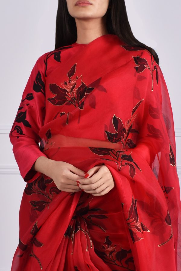 Tango Red Block Printed Organza Sari - Image 6