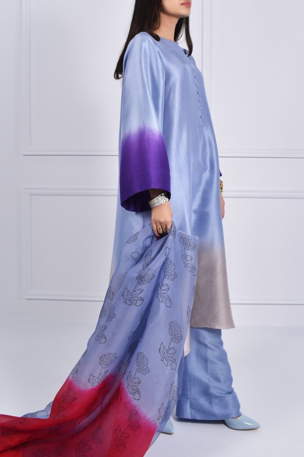 Forever Blue Oversized Ombre Raw Silk Tunic Set - Image 2