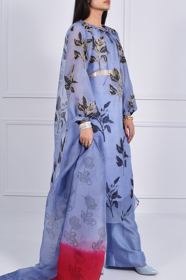 Forever Blue Organza Block Printed Embellished Tunic Set - Image 2