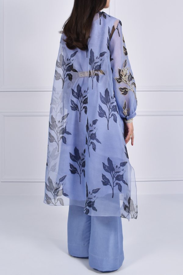 Forever Blue Organza Block Printed Embellished Tunic Set - Image 3