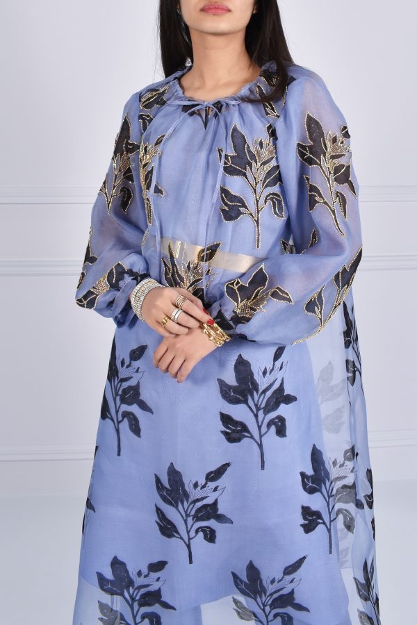 Forever Blue Organza Block Printed Embellished Tunic Set - Image 4