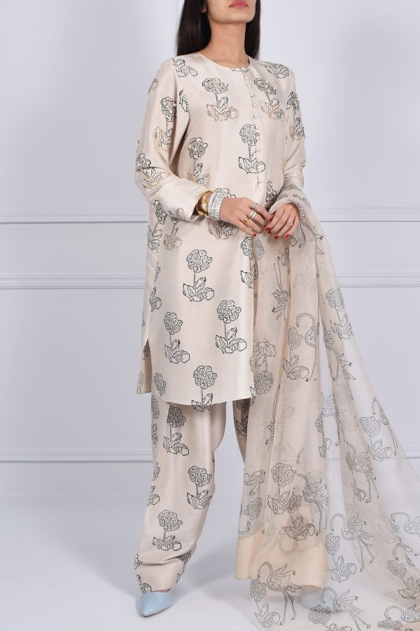 White Swan Block Print Embellished Raw Silk Tunic Set