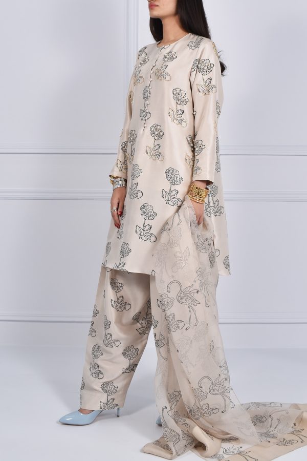 White Swan Block Print Embellished Raw Silk Tunic Set - Image 2