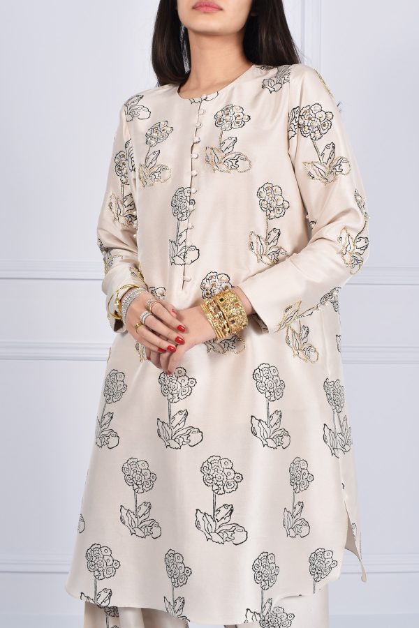 White Swan Block Print Embellished Raw Silk Tunic Set - Image 4