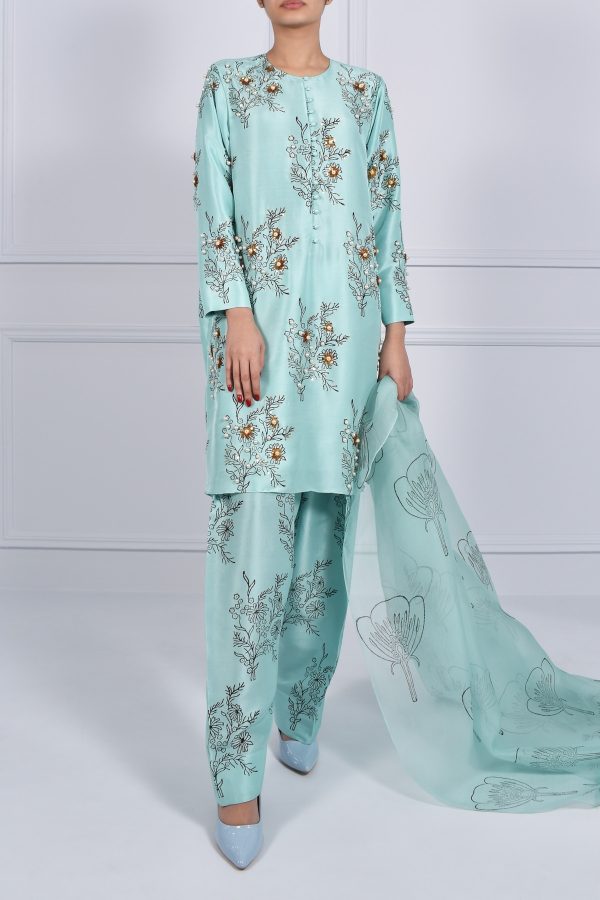 Ice Green Block Print Embellished Raw Silk Tunic Set - Image 2